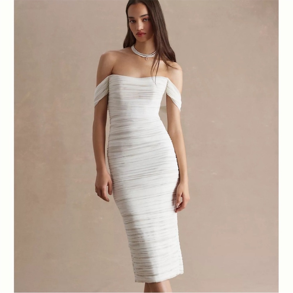 Joann by Watters ruched white off the shoulder midi dress wedding special event